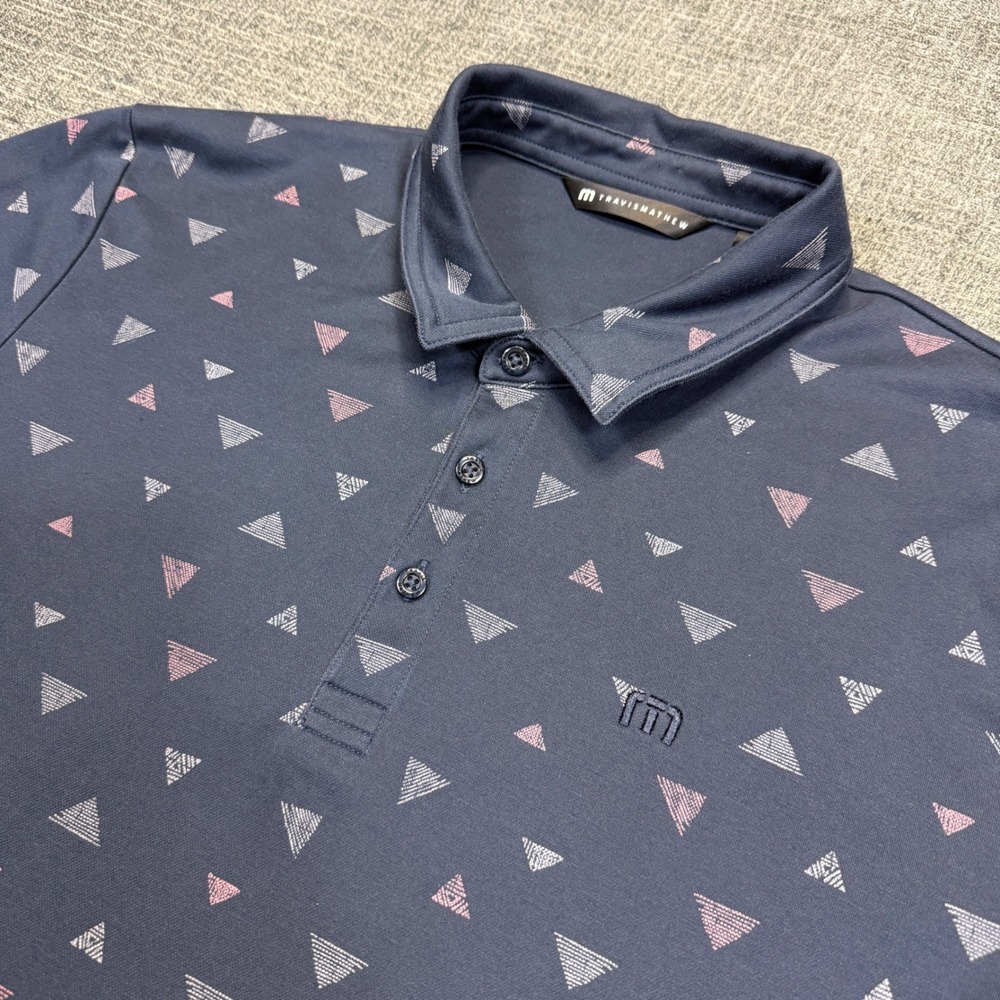 Travis Mathew Polo Shirt Mens XL Navy Blue Triangle Geometric Short Sleeve Golf
